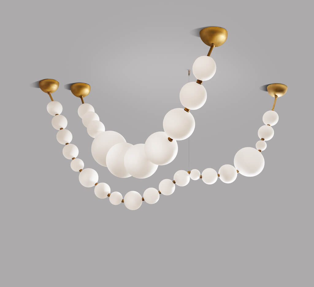 Colliers de Perles L110''H35''75''btw hooks=280 90 190cm & L98''H27''71''btw hooks-Pearls diam 3''-9''=8-22cm for both-cups all-constraint level 2