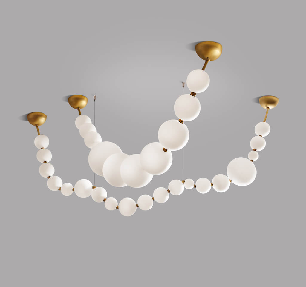 Colliers de Perles L110''H35''75''btw hooks=280 90 190cm & L98''H27''71''btw hooks-Pearls diam 3''-9''=8-22cm for both-cups all-constraint level 3